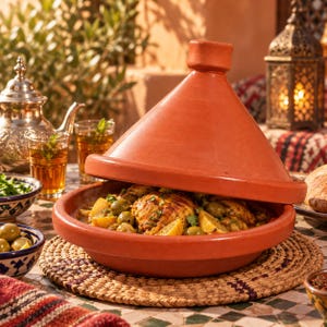 May include: A terracotta tagine with a conical lid, containing a cooked dish of chicken, green olives, and lemon wedges. The round, reddish-brown clay cooking vessel sits on a woven straw mat, showcasing a traditional design with a wide base.
