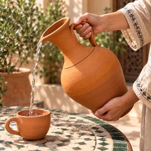 Puede incluir: Una jarra de terracota con asa curva y boca ancha vertiendo agua clara en una taza de terracota a juego. La jarra tiene un cuerpo liso y redondeado con un borde ensanchado, mientras que la taza presenta una sencilla asa circular en el lateral.