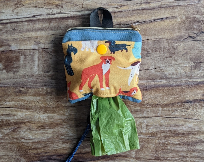 Dog Walking Pouch - holds treats and essentials, poo bag rolls & used poo bags - Blue/Yellow Dogs