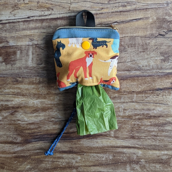 Dog Walking Pouch - holds treats and essentials, poo bag rolls & used poo bags - Blue/Yellow Dogs