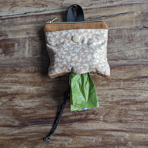 Dog Walking Pouch - holds treats and essentials, poo bag rolls & used poo bags - Brown/Beige Floral