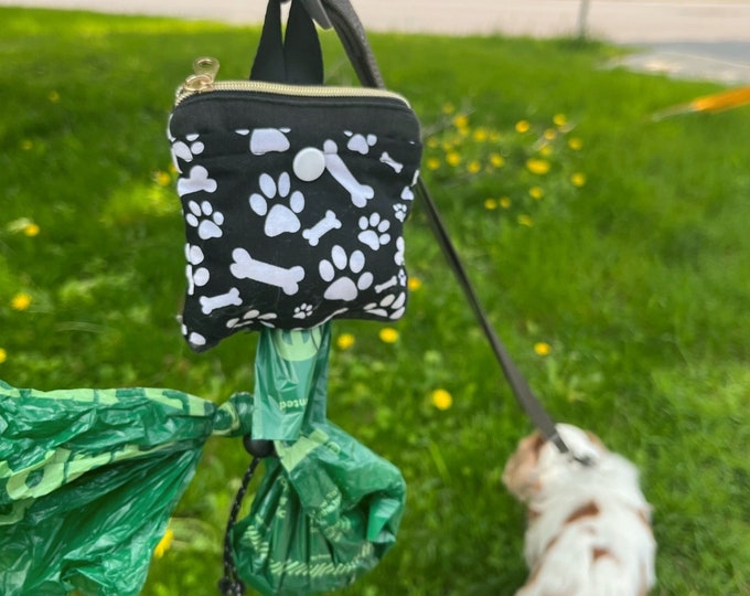 Dog Walking Pouch - holds treats and essentials, poo bag rolls & used poo bags - Black/White Paws