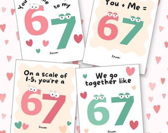 Funny 67 Valentines Cards for Kids, Meme Classroom Valentines, Printable Valentine Exchange Cards, Instant Download PDF