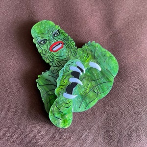 Retro vintage pop culture lake monster brooch, creature from the black lagoon, Thetis, made entirely by hand from recycled acrylic.