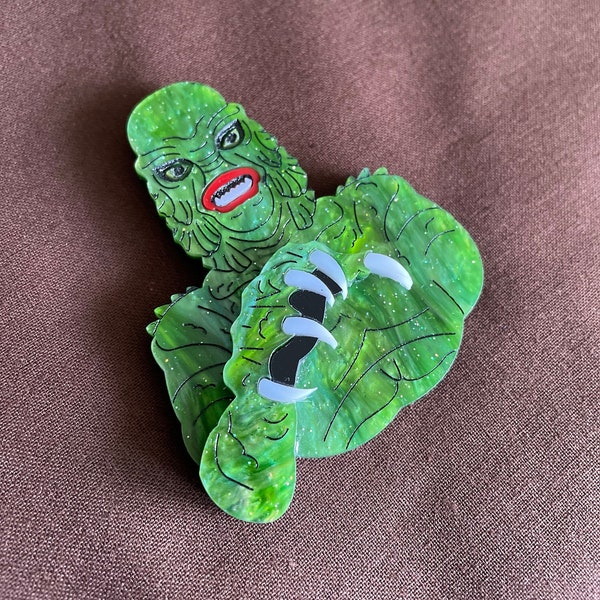 Retro vintage pop culture brooch lake monster, creature from the black lagoon, Thetis, made entirely by hand in recycled acrylic.