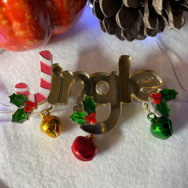 Broche double pins miroir or Jingle faite main en acrylique avec de véritable clochettes colorée, acrylic gold mirror pin jingle with bells