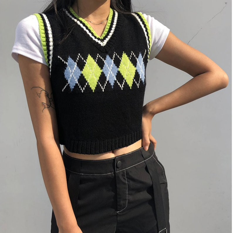 Y2K Argyle Plaid Vest E Girl V Neck Knit Crop Top Preppy | Etsy