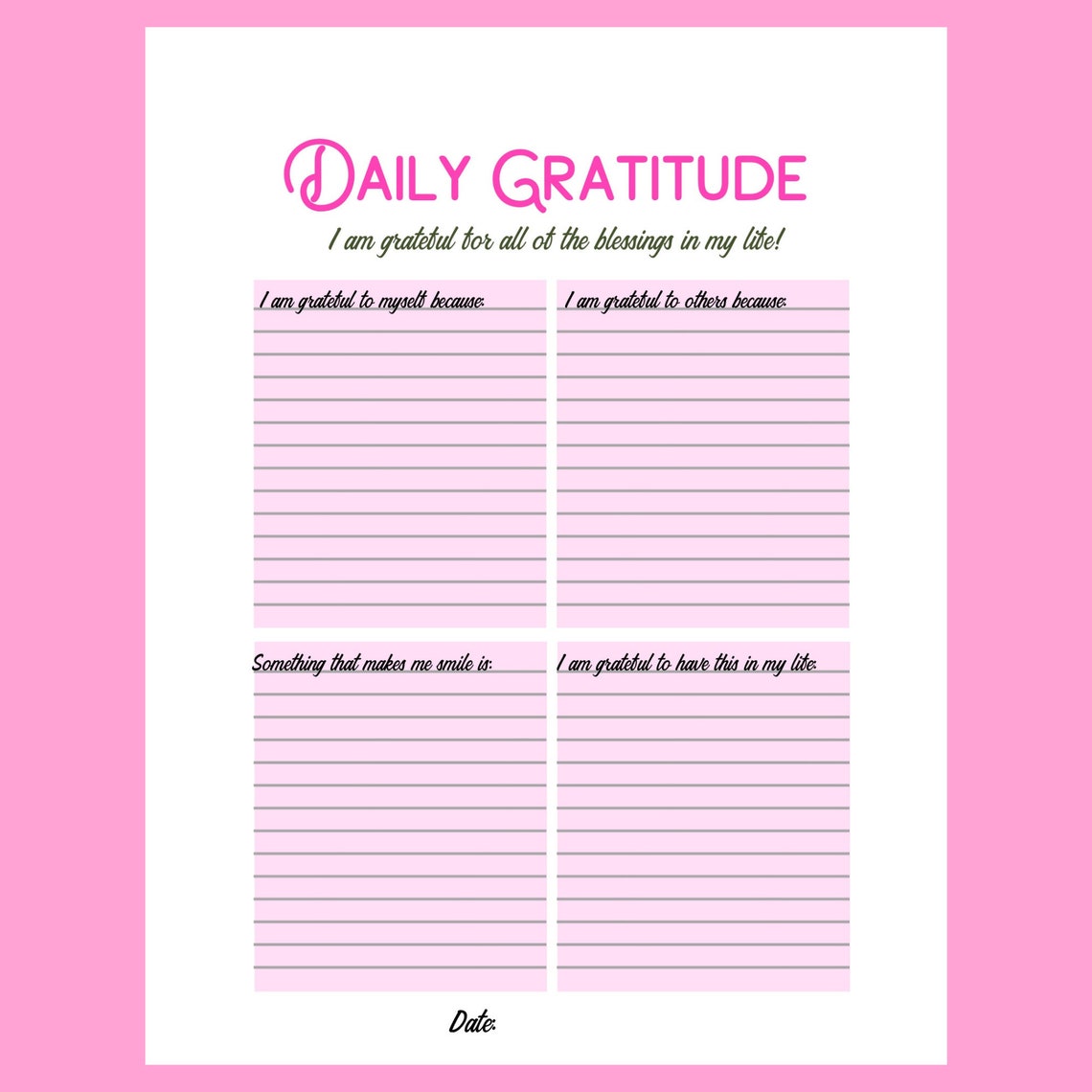 Printable Daily Gratitude Worksheet Gratitude Planner Etsy