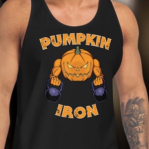 Halloween Workout Tank Top Pumpkin Iron, Kettlebell Workout Muscle Tank Halloween Shirt, Spooky Halloween Gym Wear Pumpkin Tank Muscle Top