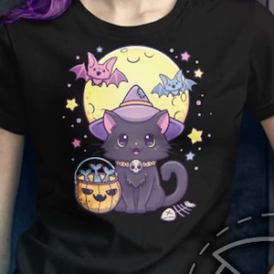 Kawaii Pastel goth fashion halloween Cute Creepy Halloween Black Cat Print Ladies Fashion Fit Shirt Creepy Cute Clothing Alternative Gothic