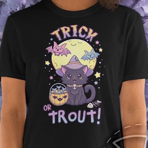 Kawaii Pastel goth fashion vaporwave Halloween Trick or Trout Shirt, Cute Creepy Halloween Black Cat Shirt, Creepy Cute Alternative Clothing