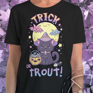 Kids Kawaii Pastel fashion 90s vaporwave Halloween Trick or Trout Shirt, Cute Creepy Halloween Black Cat Shirt, Creepy Cute Spooky Clothing