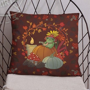 Cottagecore Decor Throw Pillow, Cottage Core Cosy Autumn Fall Kawaii Frog Mushroom Fun Decorative Throw Pillow Cute Kawaii Frog Lover Pillow