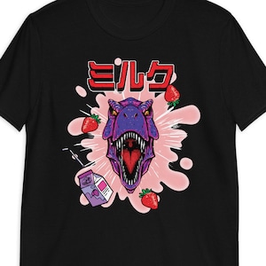 Camisa RAWRBERRY Morango Leite, Camisa Gótica Pastel, Camisa Engraçada de Dinossauro, Camisa Vaporwave, Camisa Estilo Harajuku, Camisa Kaiju, Camisa T Rex