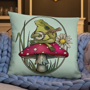 Cottagecore Aesthetic Cute Kawaii Frog Playing Banjo on Mushroom Throw Pillow Cushion, Mushroom Pillow, Frog Cushion, Goblincore Pillow