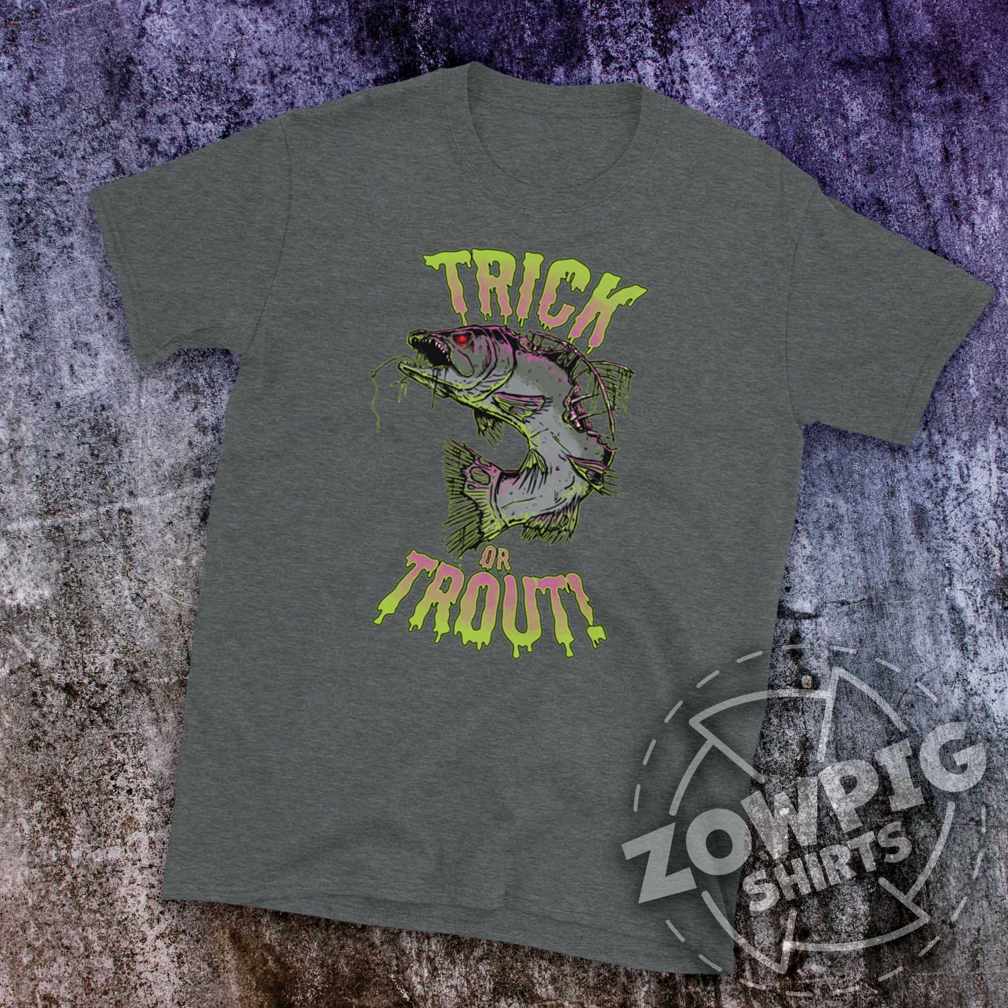 Discover Trick or Trout Creepy Funny Halloween Mens Fishing & Angling Shirt, Halloween Gift for Fisherman, Funny Zombie Trout Fishing and Angling Tee