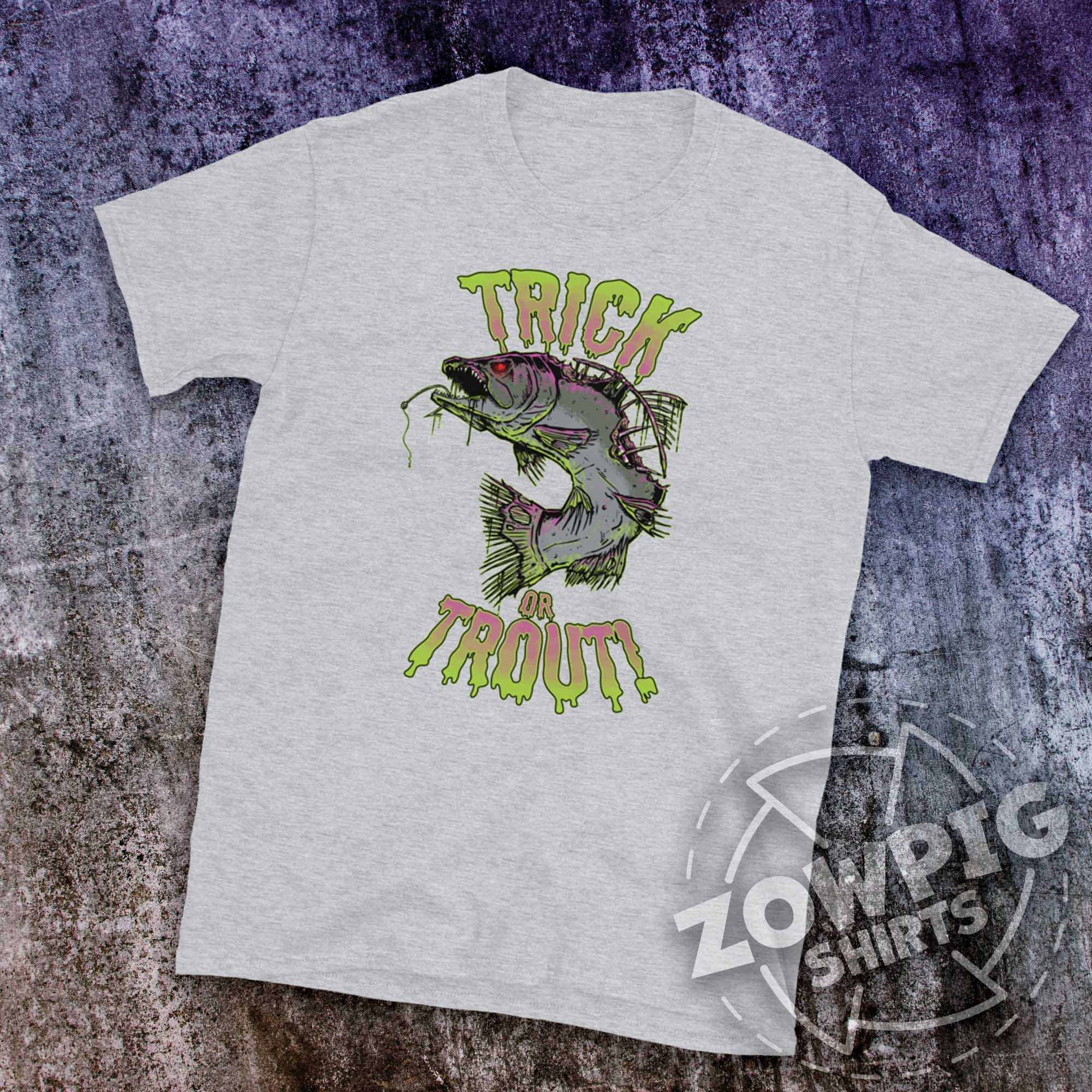 Discover Trick or Trout Creepy Funny Halloween Mens Fishing & Angling Shirt, Halloween Gift for Fisherman, Funny Zombie Trout Fishing and Angling Tee