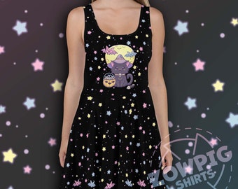 Kawaii Halloween Cat Bats & Stars Skater Dress, Creepy Cute Pastel Goth Aesthetic Dress, Fairy Kei Cute Halloween Clothing Kawaii Goth Dress
