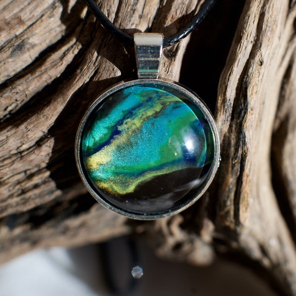 Unique acrylic pour fluid art round pendant - turquoise, black, gold