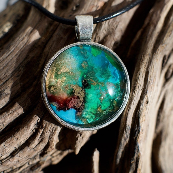 Unique acrylic pour fluid art round pendant - turquoise, green, gold and bronze