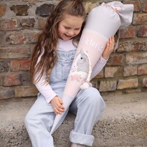 School cone horse with woolly mane and banner | subtle pink & grey | candy cone girl | girls school cone with name individually unique