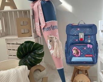 Horse school cone dusty blue & powder pink | Sugar cone for girls | School cone Step by Step Horse Lima | School cone embroidered with horse and wool