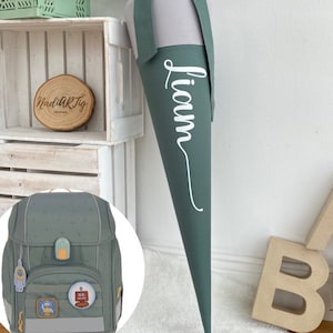 School bag boy dusty green & gray with name | Kindergarten school cone green | Sugar cone for boys green | Fabric school bag Lässig Letters