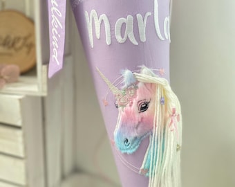 Unicorn school cone with glitter mane | Lilac, purple & pink school cone | Unicorn candy cone for girls | Ergobag Blütenzauber school cone