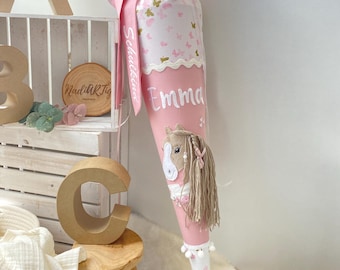 School cone brown horse with dark mane | powder pink with butterflies gold + pink | candy cone girl | school cone personalized with name