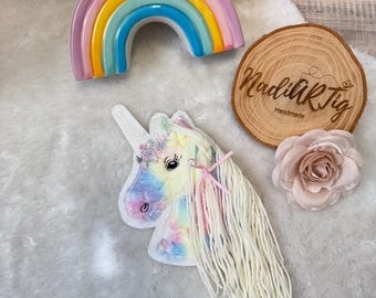 Regenbogen Einhorn mit Woll-Mähne - Patch Aufnäher für DIY Schultüte - Plüsch + Wollmähne - Einhorn für Schultüte