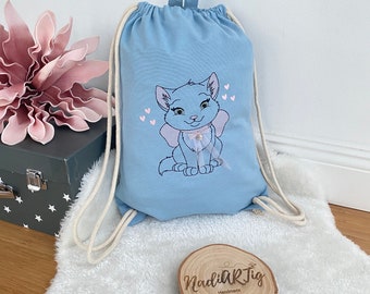 Kinder Rucksack Name | Katze blau | personalisierte Tasche | Wasserabweisend | Beutel für Wechselwäsche | Sportbeutel | Kindergarten Beutel
