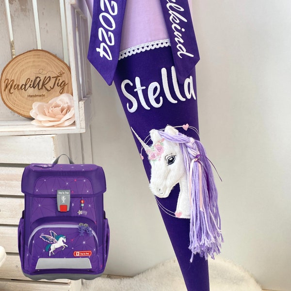 Schultüte Einhorn Stickerei mit Wollmähne | Schultüte lila & flieder | Zuckertüte Mädchen Einhorn | passende Geschwistertüte mit Namen