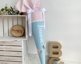 School cone for girls, light blue & pink, with name + butterflies | Sugar cone with butterfly and name | discreetly timeless