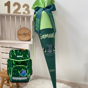 Schultüte DRACHE dunkelgrün & limette | Zuckertüte für Jungen hochwertig bestickt | Schulkind 2026 | Ergobag Bärtastisch | Dino Schultüte