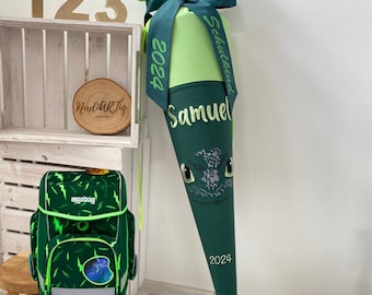 School cone DRAGON dark green & lime | Candy cone for boys with high-quality embroidery | Schoolchild 2026 | Ergobag Bärtastisch | Dino school cone