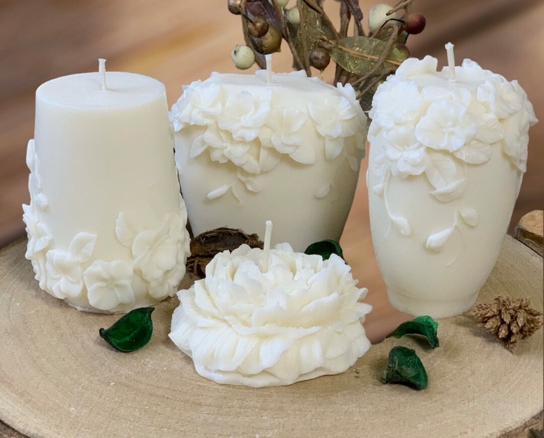 Floral Pillar Candle, Candle Gift Set, Dinner Candles, Wedding Table