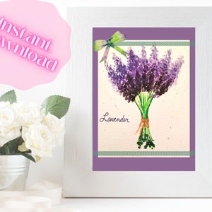 Könnte beinhalten: Ein Aquarellbild eines Lavendelstraußes vor einem violetten Hintergrund mit dem Wort "Lavender" in Kursivschrift.
