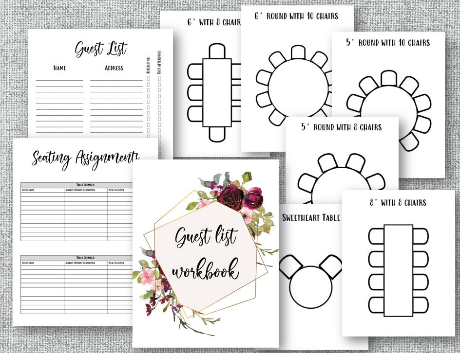 Printable Wedding guest list worksheet | Wedding guest list organizer | Wedding Planner | Seating Assignments | Table Assignments
