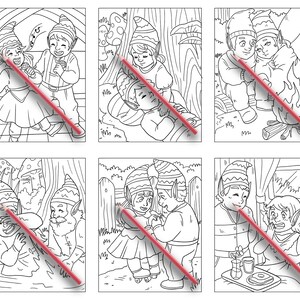 K&ouml;nnte beinhalten: Sechs Schwarzwei&szlig;illustrationen von Zwergen in verschiedenen Szenen. Die erste Szene zeigt zwei Zwerge, die singen. Die zweite Szene zeigt zwei Zwerge, die schlafen. Die dritte Szene zeigt zwei Zwerge, die am Feuer sitzen. Die vierte Szene zeigt zwei Zwerge am Fluss. Die f&uuml;nfte Szene zeigt zwei Zwerge, die sich an den H&auml;nden halten. Die sechste Szene zeigt zwei Zwerge an einem Tisch.