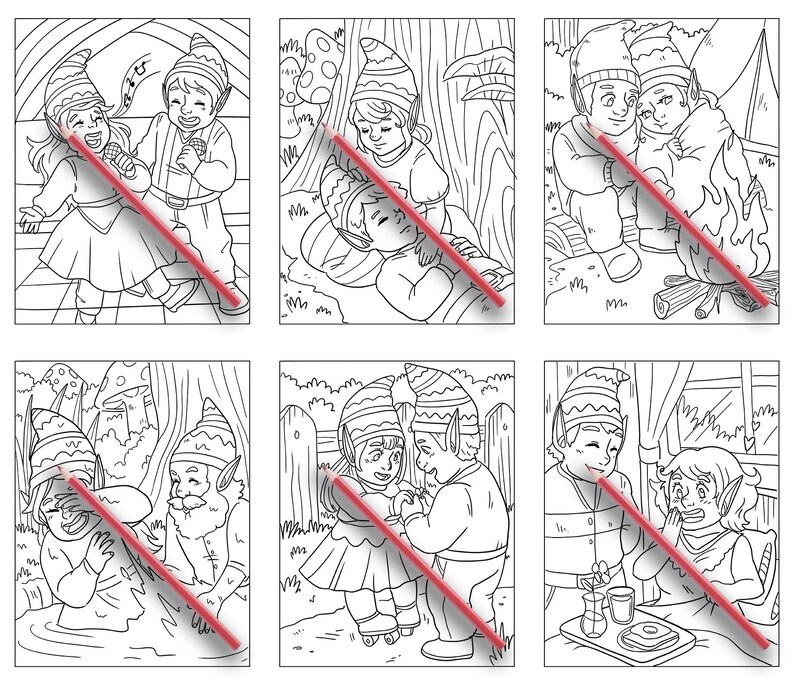 K&ouml;nnte beinhalten: Sechs Schwarzwei&szlig;illustrationen von Zwergen in verschiedenen Szenen. Die erste Szene zeigt zwei Zwerge, die singen. Die zweite Szene zeigt zwei Zwerge, die schlafen. Die dritte Szene zeigt zwei Zwerge, die am Feuer sitzen. Die vierte Szene zeigt zwei Zwerge am Fluss. Die f&uuml;nfte Szene zeigt zwei Zwerge, die sich an den H&auml;nden halten. Die sechste Szene zeigt zwei Zwerge an einem Tisch.