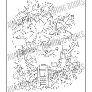 May include: A black and white line drawing of a house with a large lotus flower growing on top. The house has a window and a door, and there are small details inside, such as furniture and plants. The house is surrounded by vines and flowers.