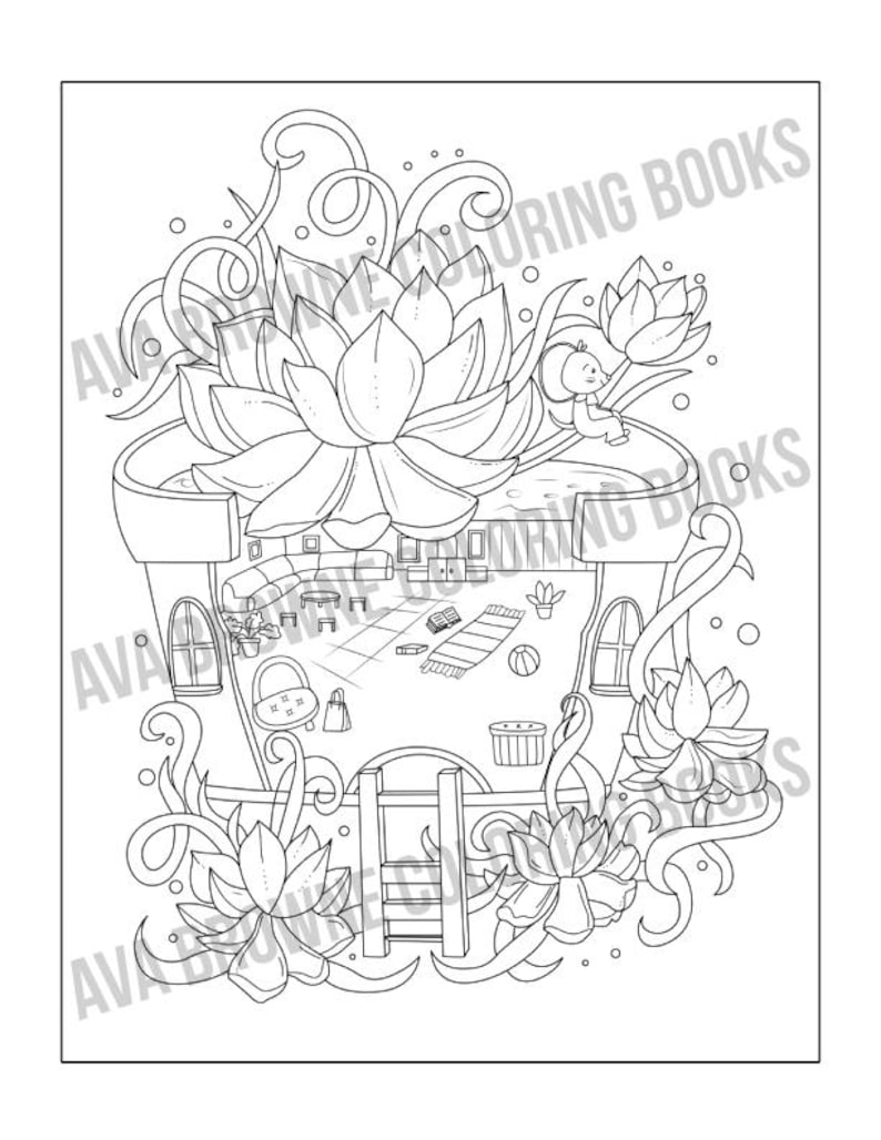 May include: A black and white line drawing of a house with a large lotus flower growing on top. The house has a window and a door, and there are small details inside, such as furniture and plants. The house is surrounded by vines and flowers.