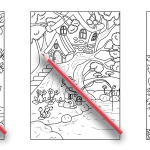 Pode incluir: Tr&ecirc;s desenhos em preto e branco de casas de sonho. A primeira casa &eacute; uma casa na &aacute;rvore com uma escada e uma pequena janela. A segunda casa &eacute; uma casa de pedra com um caminho que leva a ela. A terceira casa &eacute; uma casa de cogumelo com uma porta e uma janela.