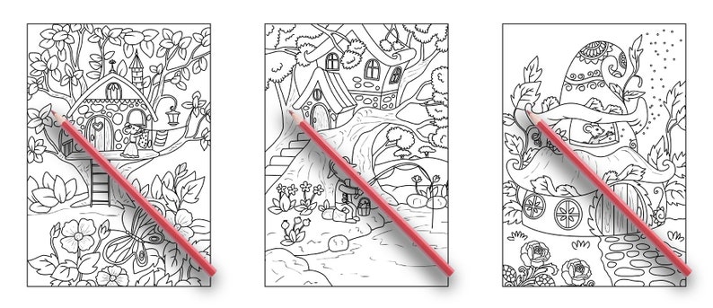 Pode incluir: Tr&ecirc;s desenhos em preto e branco de casas de sonho. A primeira casa &eacute; uma casa na &aacute;rvore com uma escada e uma pequena janela. A segunda casa &eacute; uma casa de pedra com um caminho que leva a ela. A terceira casa &eacute; uma casa de cogumelo com uma porta e uma janela.