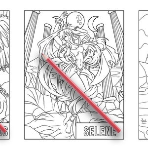 May include: Black and white line art illustration of three figures, Thanatos, Selene, and Themis, from Greek mythology. Each figure is depicted in a separate panel with their name written below.