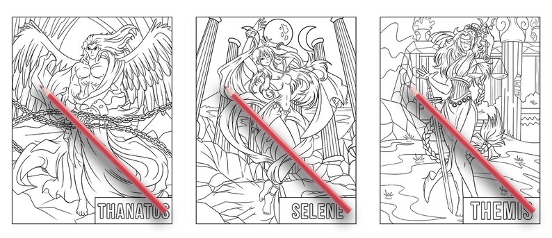 May include: Black and white line art illustration of three figures, Thanatos, Selene, and Themis, from Greek mythology. Each figure is depicted in a separate panel with their name written below.