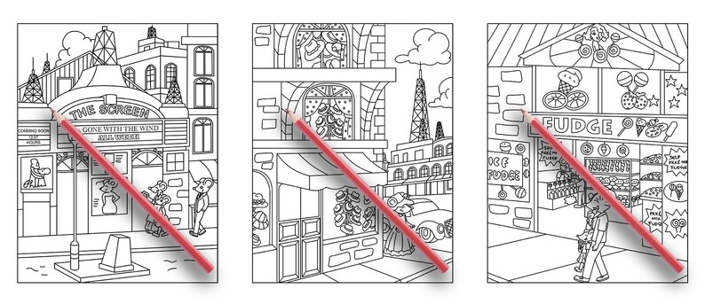 May include: Three black and white illustrations of storefronts. The first storefront is a movie theater with the text "The Screen" and "Gone With The Wind" above the entrance. The second storefront is a bakery with a Christmas tree in the window. The third storefront is a candy store with the text "Fudge" above the entrance.