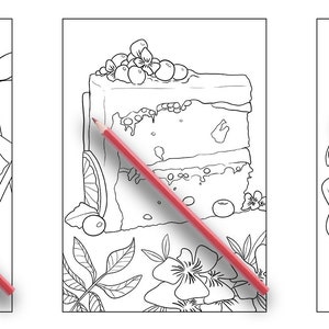 May include: Three black and white line drawings of food items. The first image shows a tray with a cup, macarons, and a teapot. The second image shows a slice of cake with berries on top. The third image shows a waffle with strawberries and blueberries on top.