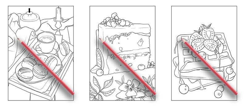 May include: Three black and white line drawings of food items. The first image shows a tray with a cup, macarons, and a teapot. The second image shows a slice of cake with berries on top. The third image shows a waffle with strawberries and blueberries on top.