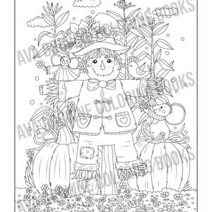 May include: A black and white line drawing of a scarecrow standing in a field with pumpkins. The scarecrow is wearing a hat and a jacket. There are flowers and other plants around the scarecrow.